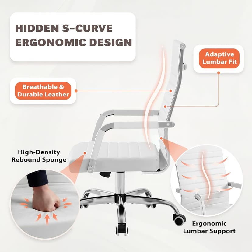 Furmax Ergonomic Office Desk Chair, Executive Ribbed Mid-Back PU Leather Conference Room Chair Adjustable Swivel Chair with Arms (1, White)