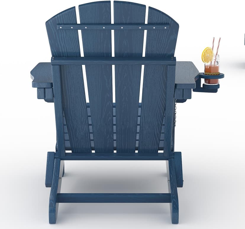 GarveeLife Folding Adirondack Chair Set of 2 with Side Table, All-Weather HDPE Outdoor Chair, Wooden Textured with Cup Holder for patios, Decks, Gardens, fire pits, Navy Blue