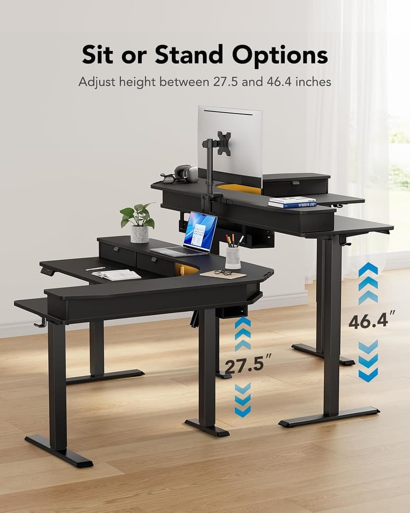 HUANUO 65″ L-Shaped Standing Desk with Power Outlets & LED Strip, Electric Height Adjustable Corner Computer Desk, Sit Stand Up Desk with 3 Drawers, Black