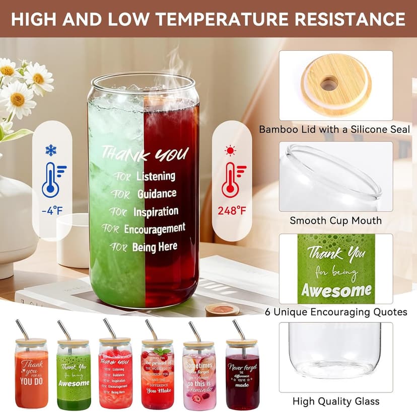 42 Pcs/6 Sets Employee Appreciation Gifts Bulk - Includes 16oz Glass Cups with Bamboo Lid, Positive Crochet, Inspirational Notebooks with Pens, Kraft Paper Gift Bags & Straw - Thank You Gifts for Coworkers, Teachers, Staff & Team B0G5MPS7K6