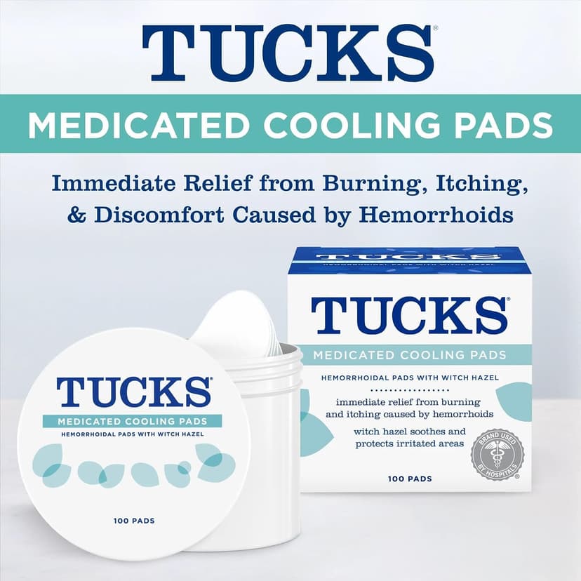 Witch hazel pads designed for sensitive areas and used by hospitals for hemorrhoid symptom relief, also postpartum essentials TUCKS Medicated Cooling Pads, Witch Hazel Hemorrhoid Treatment, 100 Count B06ZYLFV8L