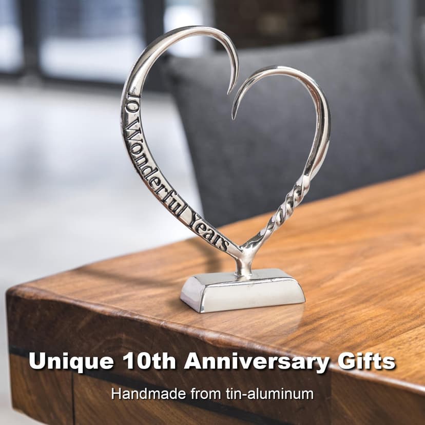 10 Year Anniversary Tin Gifts for Her Him Gift 10th Wedding Anniversary for Couples Wife Husband Men, Hand Forged Tin Aluminum Heart Art Keepsake Home Decor Artwork