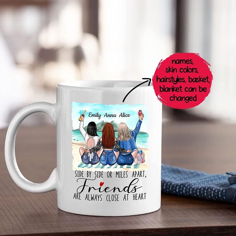 Elido Store Personalized 3 Friends Custom Mug, Side By Side Or Miles Apart Friends Are Always Close At Heart Coffee Mug Gifts For Women, Besties, Soul Sister, Friendship Mugs Custom Names 11oz, 15oz