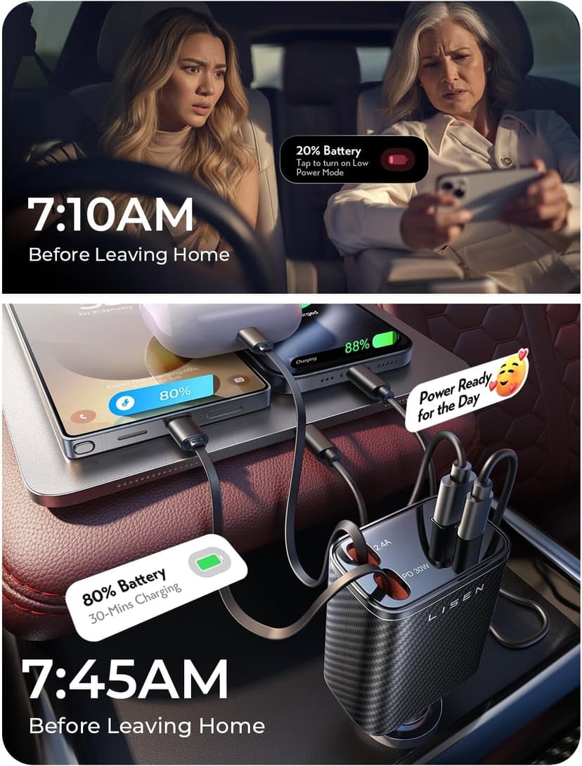 LISEN Retractable Car Charger, 84W Car Charger USB C Fast Charger Adapter, Car Accessories for Men Women, Gifts for Fathers Day for Men Dad Husband, for iPhone 17 16 15 14 13 12 Pro Max, Carbon-Black B0GY4XMHBW