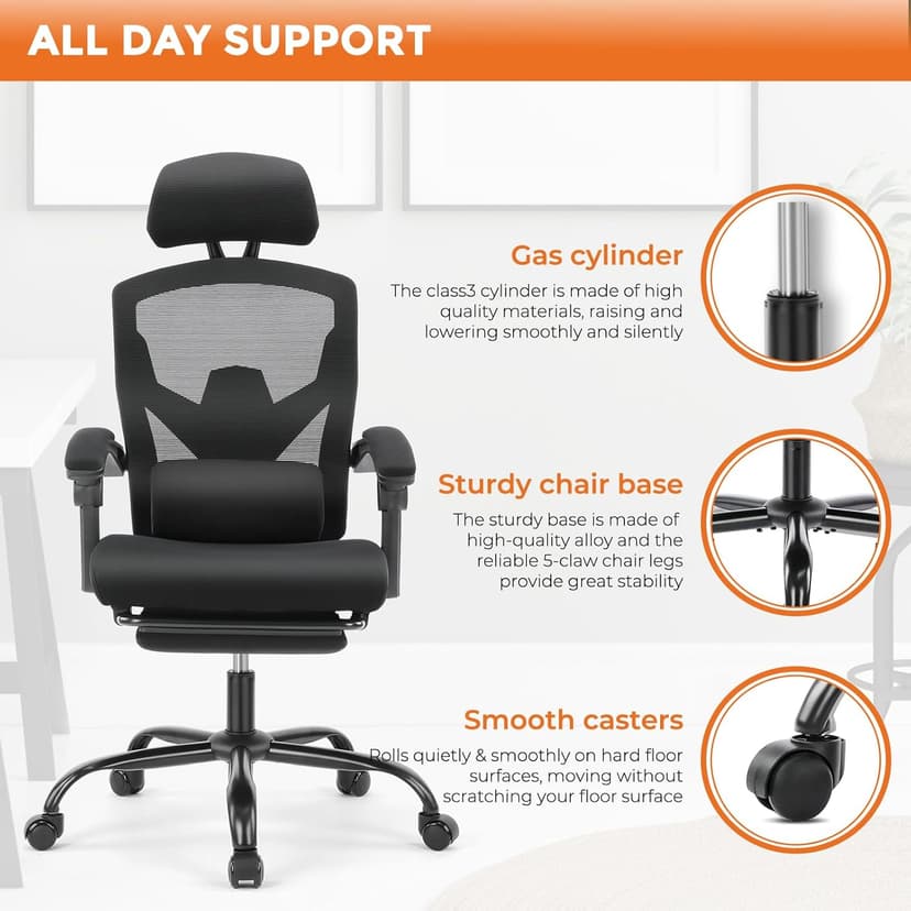 Sweetcrispy Office Computer Desk Chair, Ergonomic High-Back Mesh Rolling Work Swivel Chairs with Wheels, Comfortable Lumbar Support, Comfy Arms for Home, Bedroom, Study, Student, Black