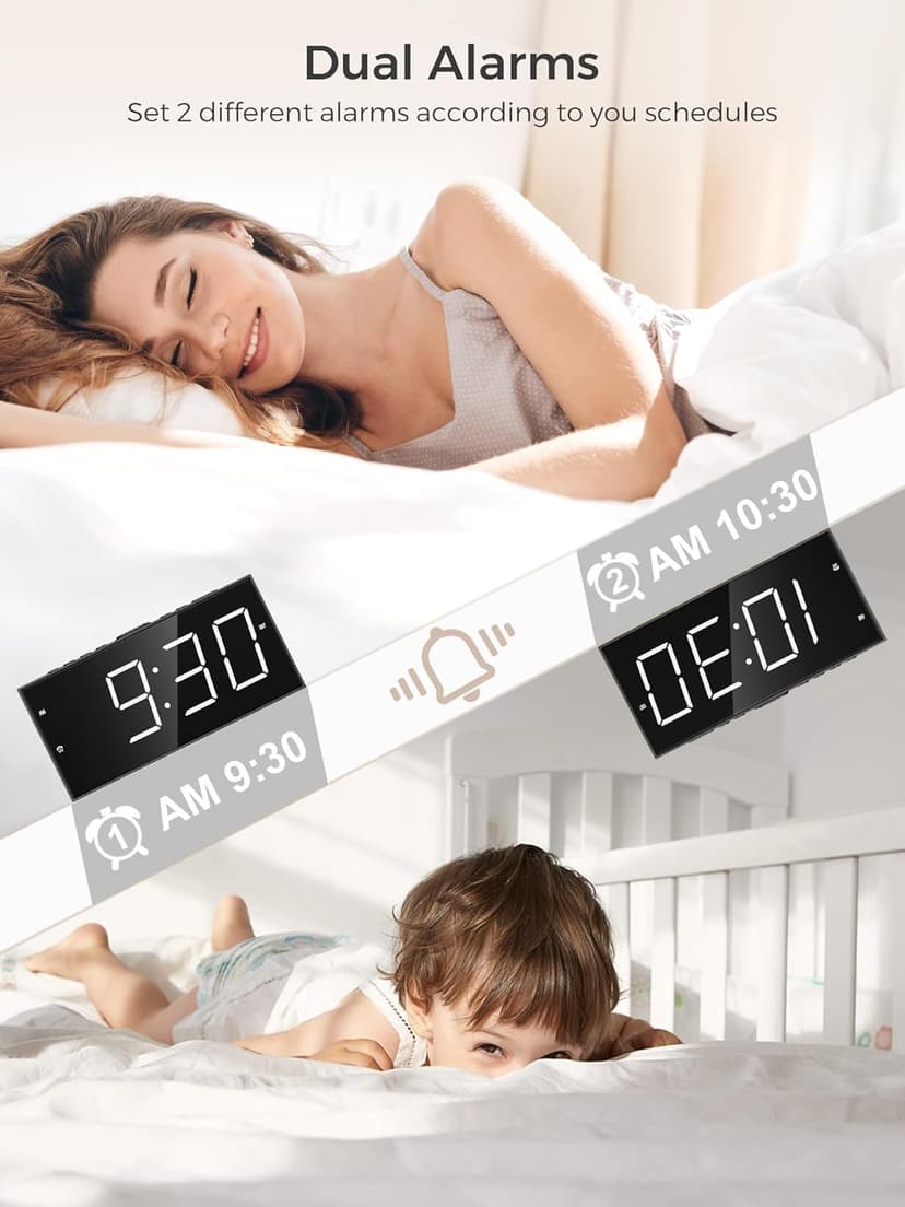 PPLEE Alarm Clock for Bedroom, 2 Alarms Loud LED Big Display Plug in Simple Basic Digital Clock with USB Charging Port, Adjustable Volume, Dimmable, Snooze for Deep Sleepers Kids Elderly Home Office