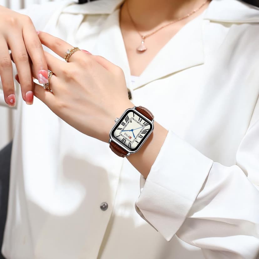 CARLIEN Mens Vintage Dainty Rectangle Square Leather Strap Simple Full Roman Numerals Dial Quartz Watch Gold Silver Tone Case Business Fashion Dress Wristwatch