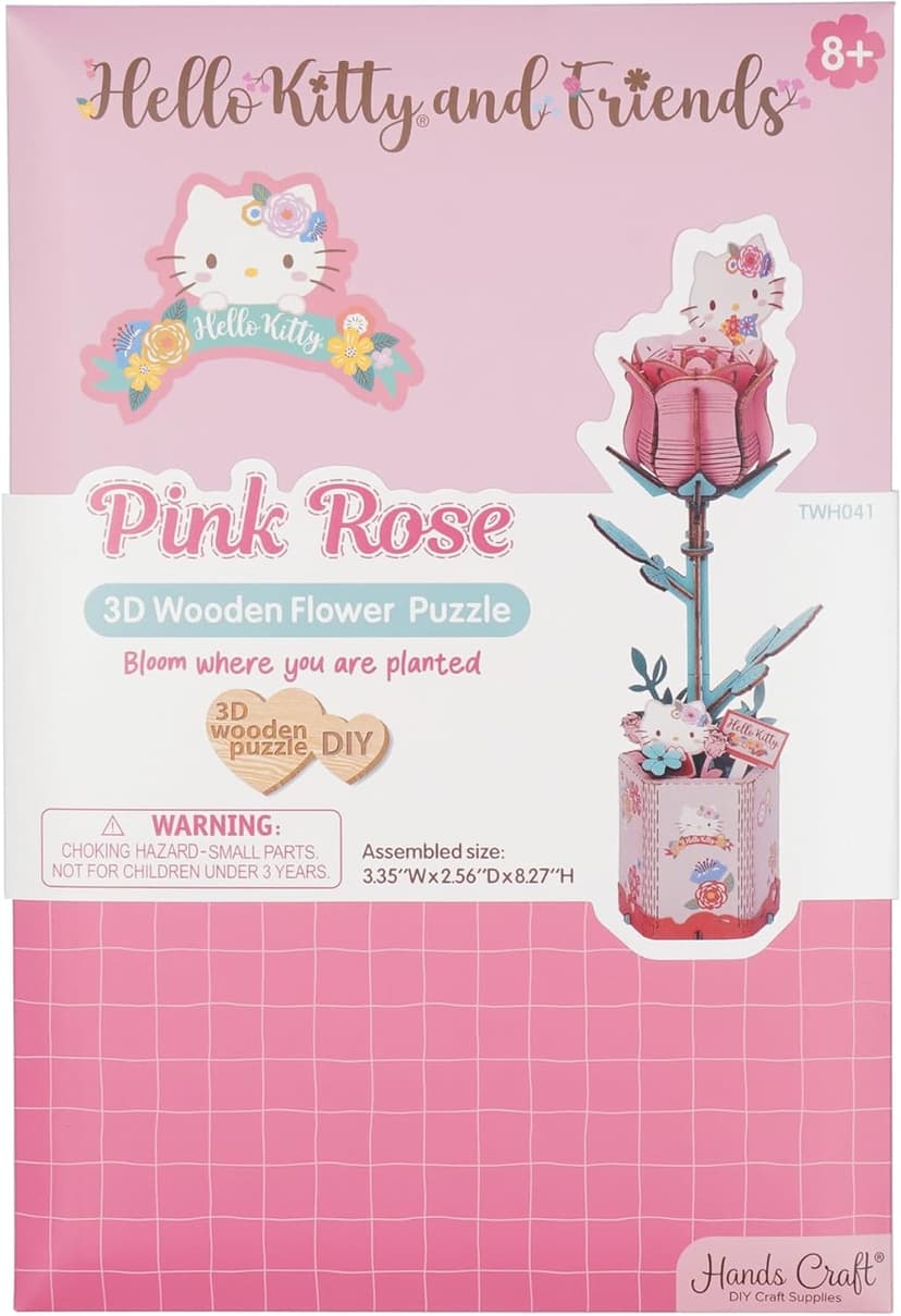 Hands Craft Hello Kitty and Friends Pink Rose 3D Wooden Puzzle Kit | DIY Flower Model | Arts & Crafts for Adults & Kids | Creative Hobby Kits | Hello Kitty Collectible | Wood Building Set