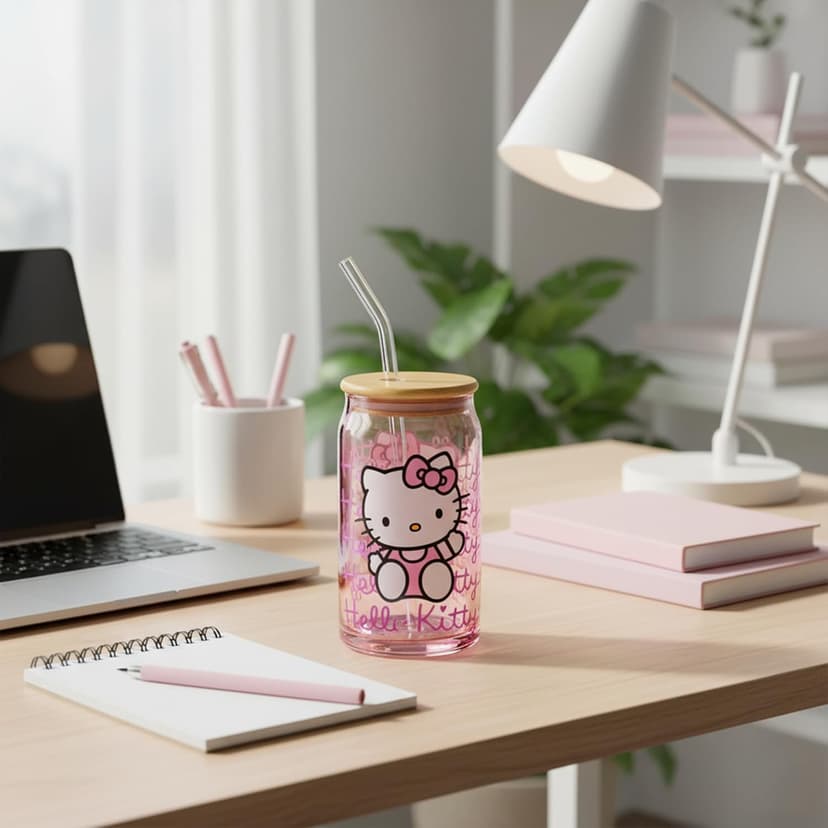 Silver Buffalo Sanrio Hello Kitty Waving Pink Glass Jar Tumbler with Bamboo Lid and Glass Straw, 16 Ounces