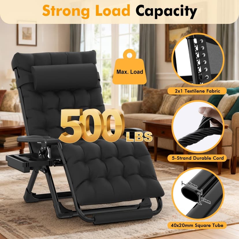 Slendor Oversized Zero Gravity Chairs XXL, 33In Padded Zero Gravity Lounge Chair, Lawn Recliner, Folding Patio Reclining Chair w/Aluminum Alloy Lock, Headrest, Cup Holder, Support 500lbs, Black
