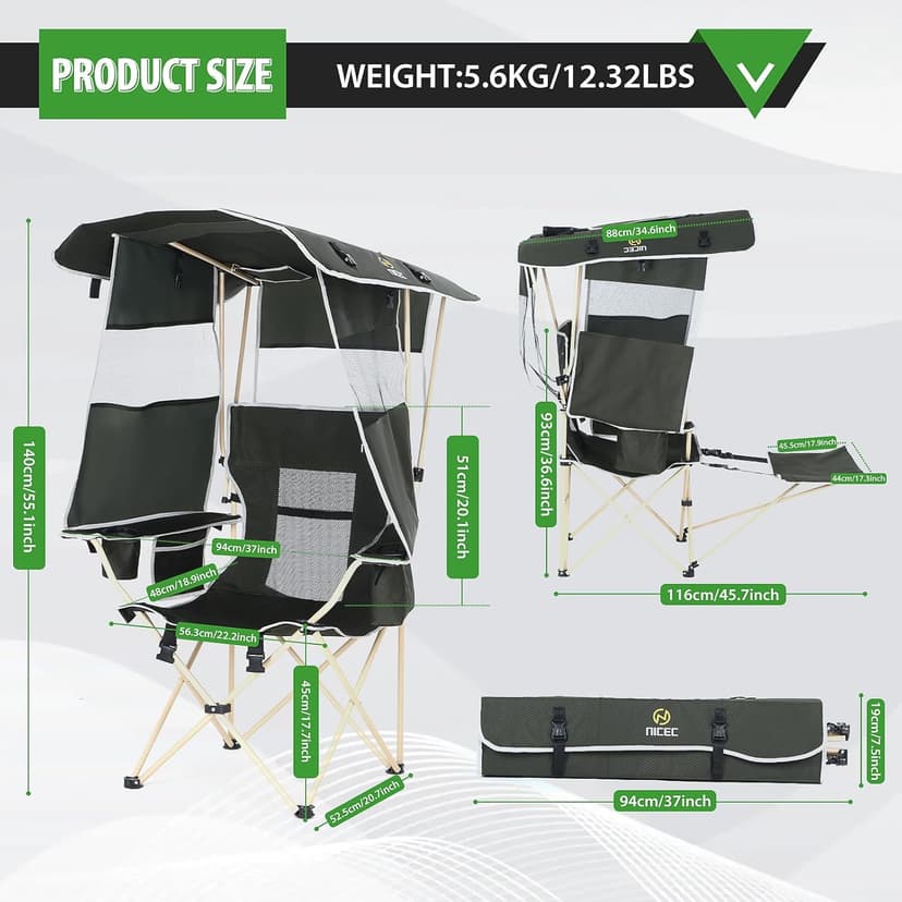 Nice C Chair with Canopy, Umbrella Chairs, Chair with Shades, Sports Chairs, w/Removable Footrest, Cooler Bag, Cup Holder for Camping, Fishing, Sports, Soccer, Beach (1-P Green)