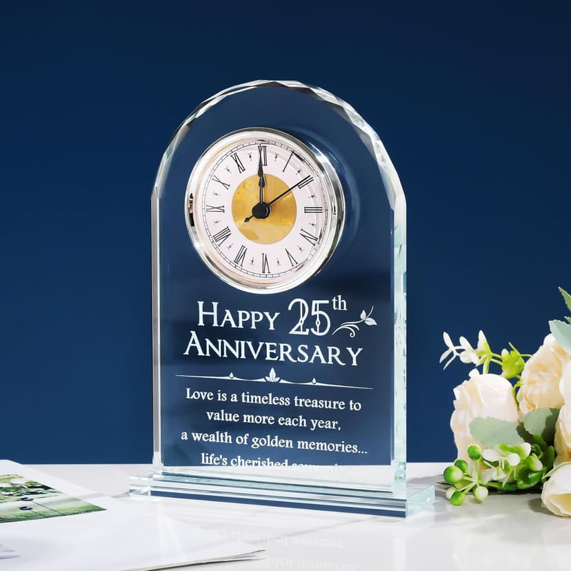 YWHL 25th Wedding Anniversary Clock Gifts for Couple, 25 Year Anniversary Keepsake Gifts for Husband/Wife, Glass Clock Decoration for 25 Years for Marriage (Battery not Included)