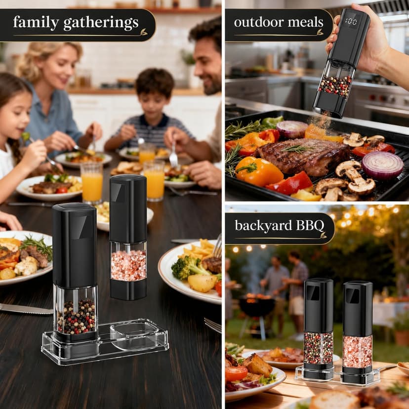 LED Display & Light, Ceramic Core, Adjustable Grind, 3.5 oz x2, Kitchen Gadget for Cooking, BBQ, Home Gifts for Women Men Electric Salt and Pepper Grinder Set,Automatic Pepper Mill Shakers,2 Pack B0FCF875FT