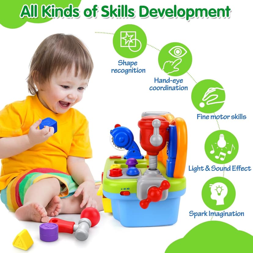 Montessori Toys with Sound Lights Effect, Shape Sorter, Christmas Birthday Gift for Boy Girl,Engineer Pretend Play Workbench Toys for 1 Year Old Boy, Musical Toy Tool Bench, 1 2 3 Years old Boy Gifts B08345YDXJ