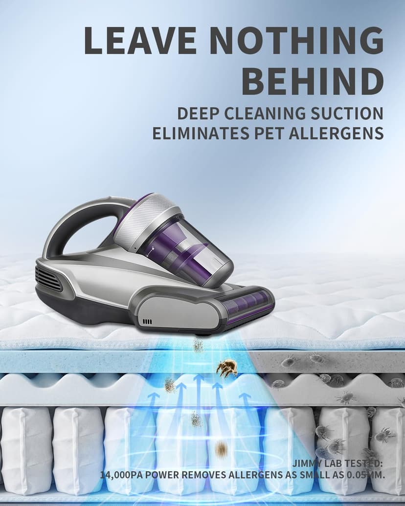 Jimmy Mattress Vacuum Cleaner, Anti-allergen Bed Vacuum Cleaner with UV-C Light & High Heating Tech, 14Kpa Suction 480W Powerful Handheld Vacuums for Dust & Pet Hair(JV35, Corded)
