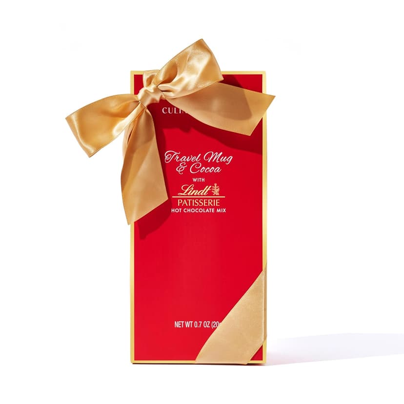 Travel Mug and Hot Cocoa Set, Includes Lindt Gourmet Hot Chocolate Mix and Ceramic Travel Tumbler with Lid in a Giftable Box, Great for Christmas