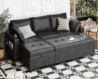 JFHID Leather Sleeper Sofa Couch with Pullout Bed, 80'' Sofa Bed with Storage Chaise, Pull Out Couch with USB&Cup Holders, L-Shaped Convertible Couches for Living Room-Faux Leather, Black