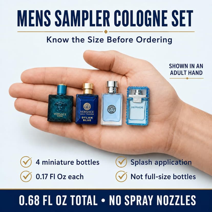 Versace Cologne for Men Set of 4 Mini Eros, Pour Homme, Dylan Blue, Eau Fraiche Perfume for Men Fragrance Sampler Set - Designer Mens Cologne Samples (4 Count, 0.17 oz)