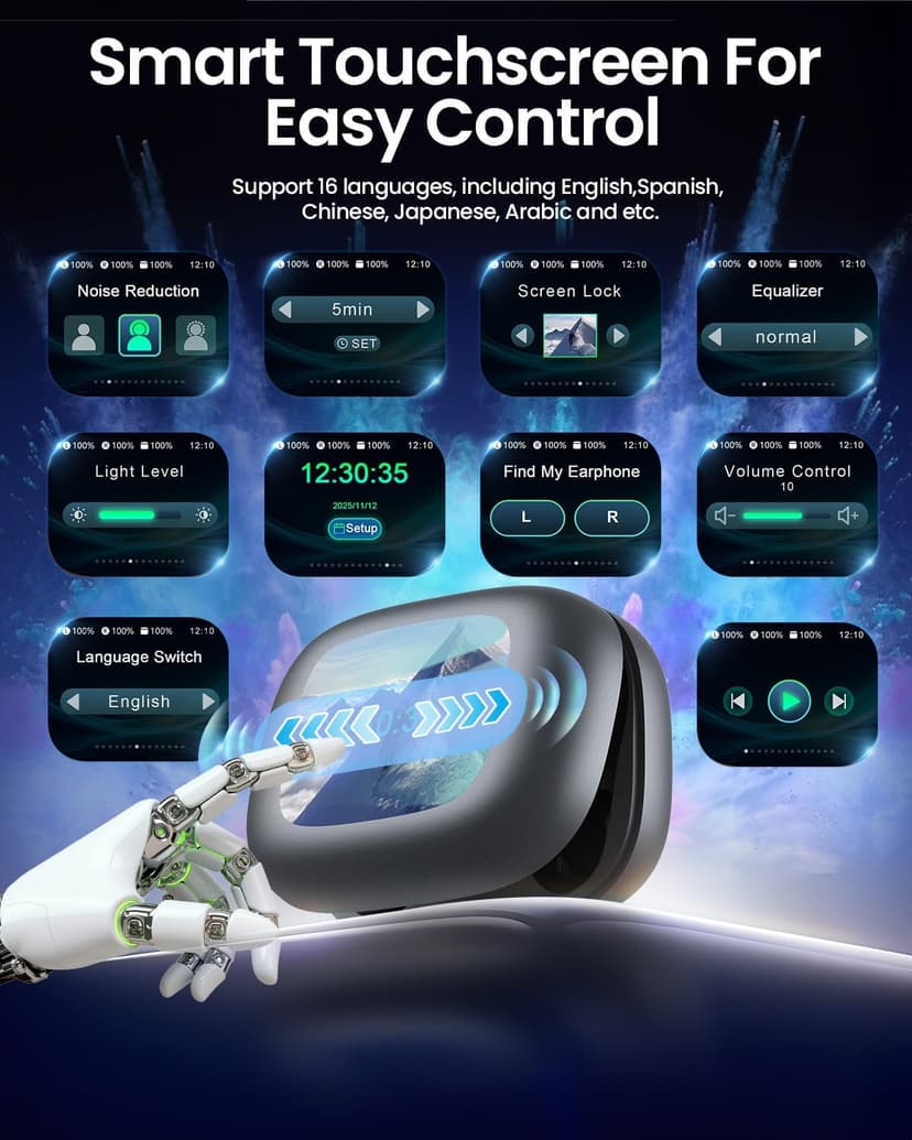 LEEMC Wireless Earbuds, Bluetooth Headphones 6.0, Ear Buds with Touch Screen, ANC ENC Noise Cancelling, 40H Bass Stereo Sound Over-Ear Earphones for iOS, Android, Sports, Workout,Charcoal