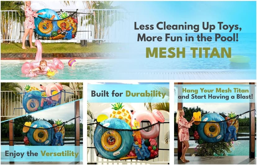 MeshTitan Heavy-Duty Pool Storage Bag - Floats & Toys Organizer with Sturdy Mesh & Anti-Sagging Support (Black)