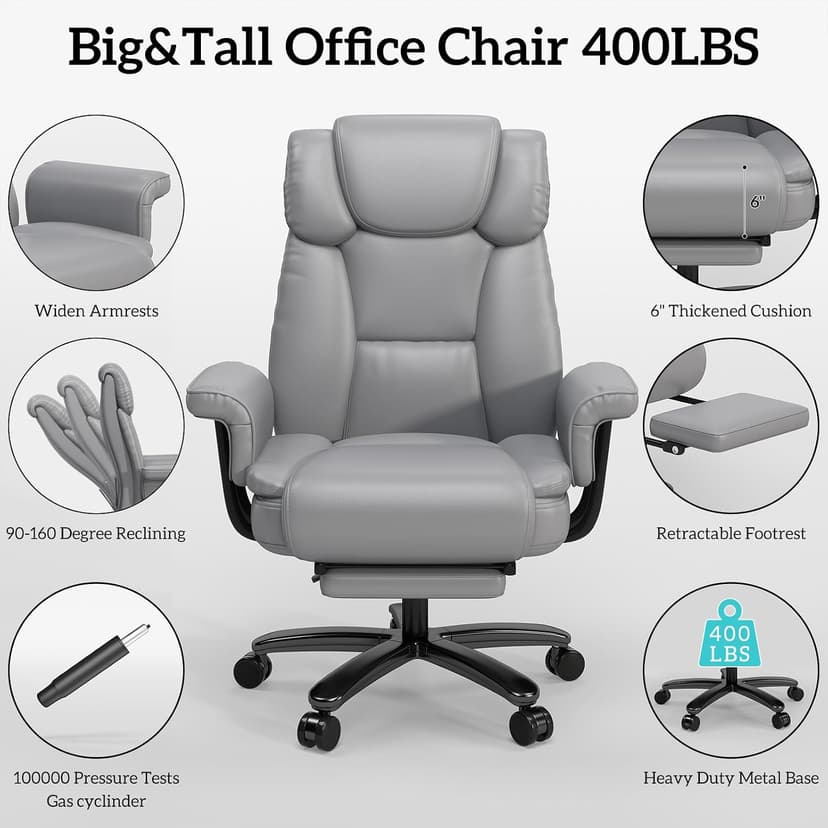 GYI Criss Cross Chair with Wheels, 160°Big and Tall Reclining Office Desk Chair with High Back, Wide Seat, Arms, Footrest, Grey