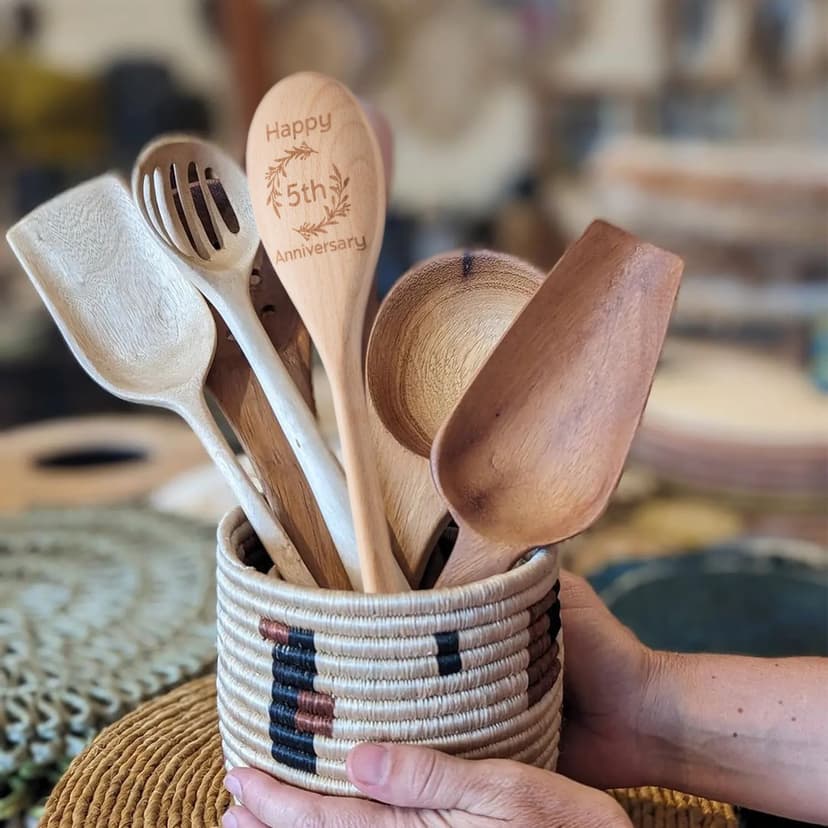 5 Year Anniversary Wood Gifts for Her Him - Happy 5th Wedding Anniversary Spoon Wooden Gifts for Wife Husband Men Couples Marriage, Handmade Engraved Spoon 12×2.2 in