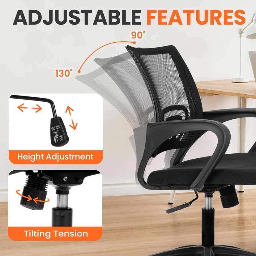 NEO CHAIR Office Desk Computer Chair Ergonomic Mesh Gaming Cushion Seat with Comfy Lumbar Mid Back Support Adjustable Height Swivel Rolling Wheels for Home Task (Mesh Black)