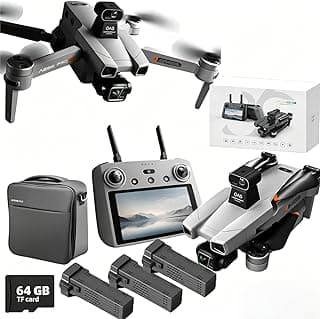 AE86ProMax+Drones with Camera for Adults 4K Video,Touch Screen Tablet Remote and 3-Axis Mechanical Gimbal, 5G Digital Transmission, 360° Laser Obstacle Avoidance, GPS Auto Return,Three 8000mAh 45 Mins Long Endurance, 500g Payload, Smart Follow Waypoint Flight Foldable Quadcopter, Up to 5 Miles Range (Grey) 3 Batteries + 64GB TF Card Bundle)