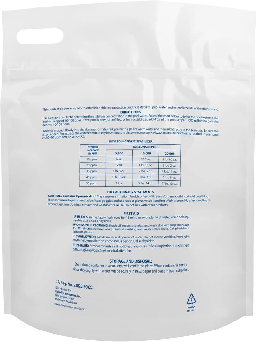 Pool Mate 7-Pounds Premium Pool Stabilizer and Conditioner, Concentrated Cyanuric Acid for Pools, Helps Chlorine Last Longer