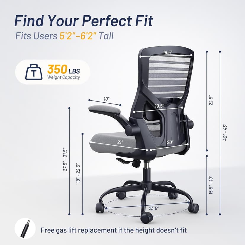 Office Desk Chair for Long Hours & Back Pain Relief – 4“ Thick Molded Foam Cushion, Enhanced Lumbar Support, Padded Flip-up Armrests, Ideal for Office or Study, Dark Gray