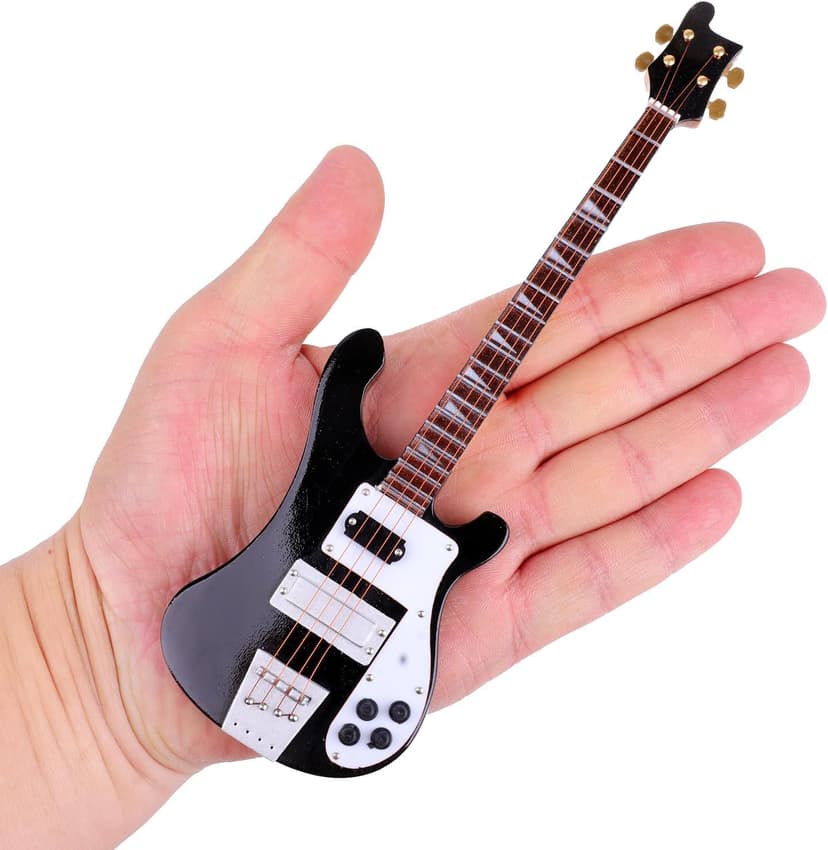 Dselvgvu Wooden Miniature Electric Bass Guitar with Stand and Case Mini Musical Instrument Electric Bass Guitar Replica Collectible Figurines Model Home Decoration Birthday Gifts (7.87"x2.36"x0.35")