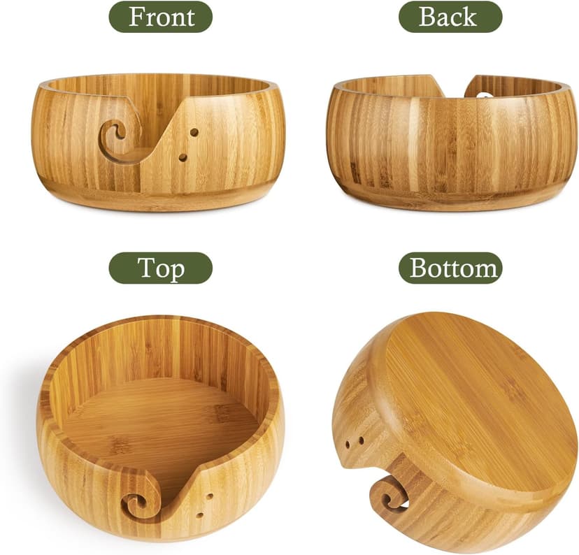 Wooden Yarn Bowl Holder, Craft Knitting Bowl with 8pcs Metal Crochet Hooks, 7.9''Large Yarn Holder Dispenser Yarn Storage Bowls, for Knitters & Crocheters (Bamboo 7.9 inch)