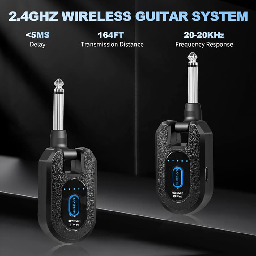 EX GEAR High-Grade Wireless Guitar System 2.4GHz Wireless Guitar Transmitter Receiver Rechargeable, 4 Signal Channel, 235° Rotating Plug, 50m Range for Bass Guitar Electric Instruments