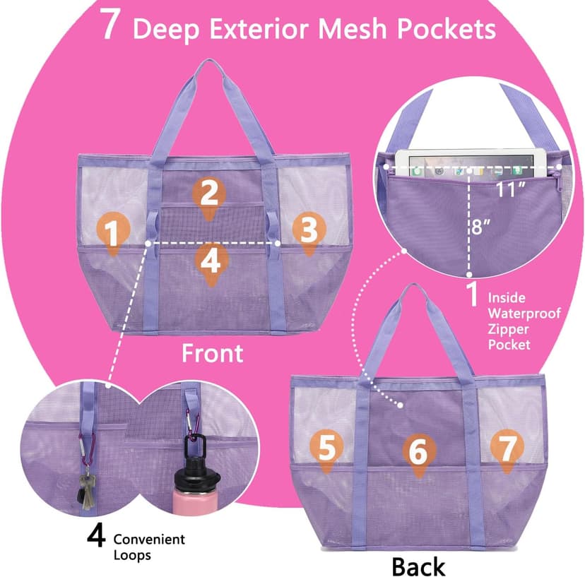 Fammart Mesh Beach Bag with Zipper, Large Beach Tote for Women, Toys Pool Swim Bag Travel Vacation Cruise Essentials