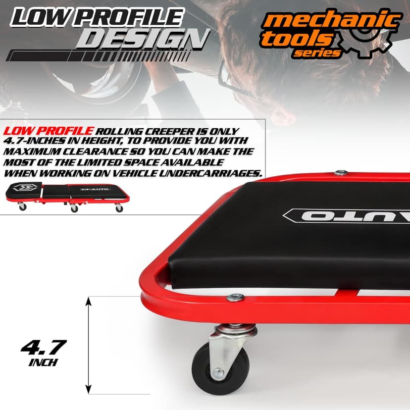 M-AUTO Foldable Z Creeper 2-in-1 Rolling Folding Car Creeper & Seat, 36" Adjustable Roller Garage Chair Lay Down or Sit, 330LBS Capacity Under Car Roller Creeper with 6 Swivel Casters, Red B0BPSQMJ9V