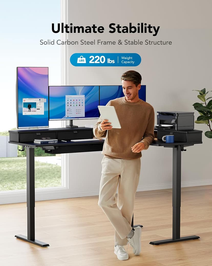 HUANUO 65″ L-Shaped Standing Desk with Power Outlets & LED Strip, Electric Height Adjustable Corner Computer Desk, Sit Stand Up Desk with 3 Drawers, Black