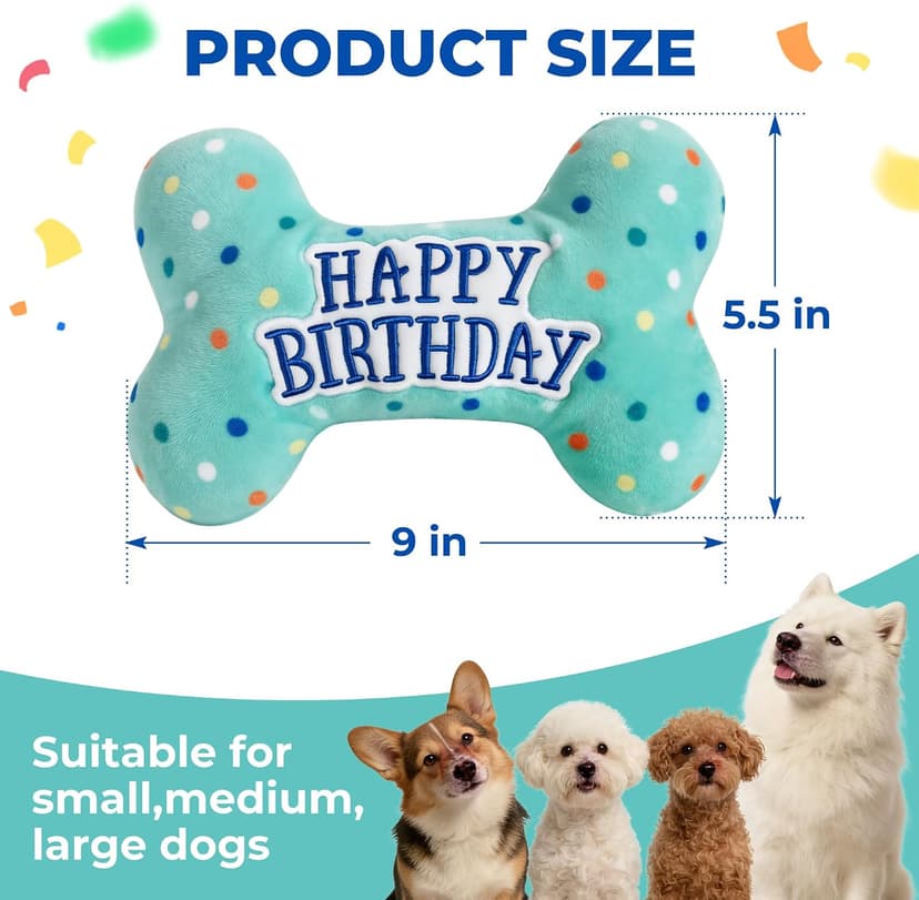 PrimePets Dog Birthday Toys, Plush Dog Squeaky Toys, Stuffed Puppy Chew Toy for Small Medium Large Dogs, Bone Pet Toy B09C5RZ8DT