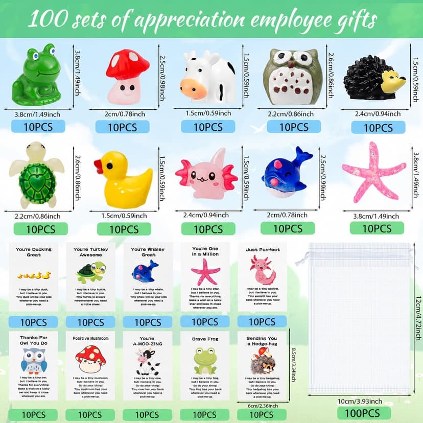 100 Set Employee Appreciation Gift Bluk for Coworkers Resin Animal Gifts with Pun Inspirational Note Cards for Thank You Office Staff Team Teachers, Nurses B0DXPVMLDZ