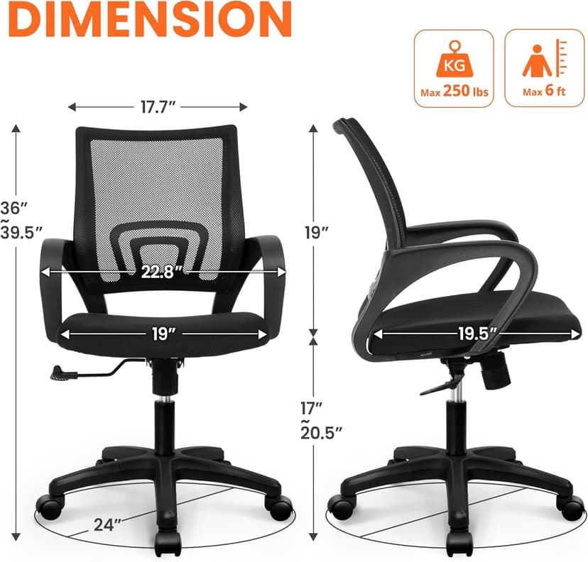 NEO CHAIR Office Desk Computer Chair Ergonomic Mesh Gaming Cushion Seat with Comfy Lumbar Mid Back Support Adjustable Height Swivel Rolling Wheels for Home Task (Mesh Black)