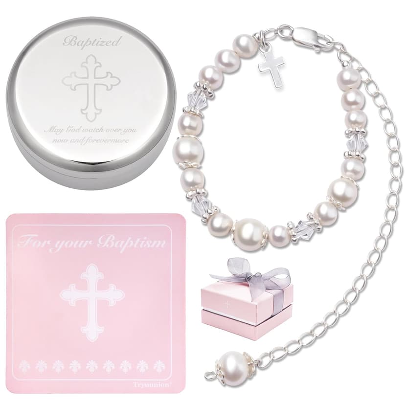 Baptism Bracelet in Sterling Silver and Cultured Pearls for Baby Girls, with Silver-plated Jewelry Keepsake Box, Great Catholic Christening and Baptism Gifts for Girl