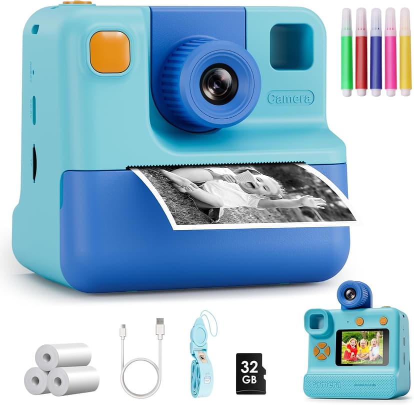 Kids Camera Instant Print, Christmas Birthday Gifts for Girl Boys 3-12 Years Old, FHD Selfie Digital Video Cameras Toddler 3 Rolls Print Paper & 32G Card (Blue) B0CSYC751H