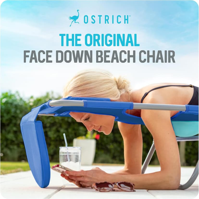 Ostrich the Ladies Comfort Lounger with Chest Support, Foldable and Portable Reclining Outdoor Patio Beach Lawn Camping Pool Tanning Chair, Ocean Blue