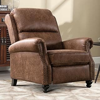 IOMOR Push Back Recliner Chair Faux Leather Lounge Armchair with Rivet Decoration Wingback Single Sofa Chair with Padded Seat Solid Wood Legs for Living Room, Chocolate