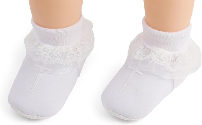 Baptism Socks for Baby Girls - White Newborn Christening Socks With Cross & Eyelet Frilly Lace