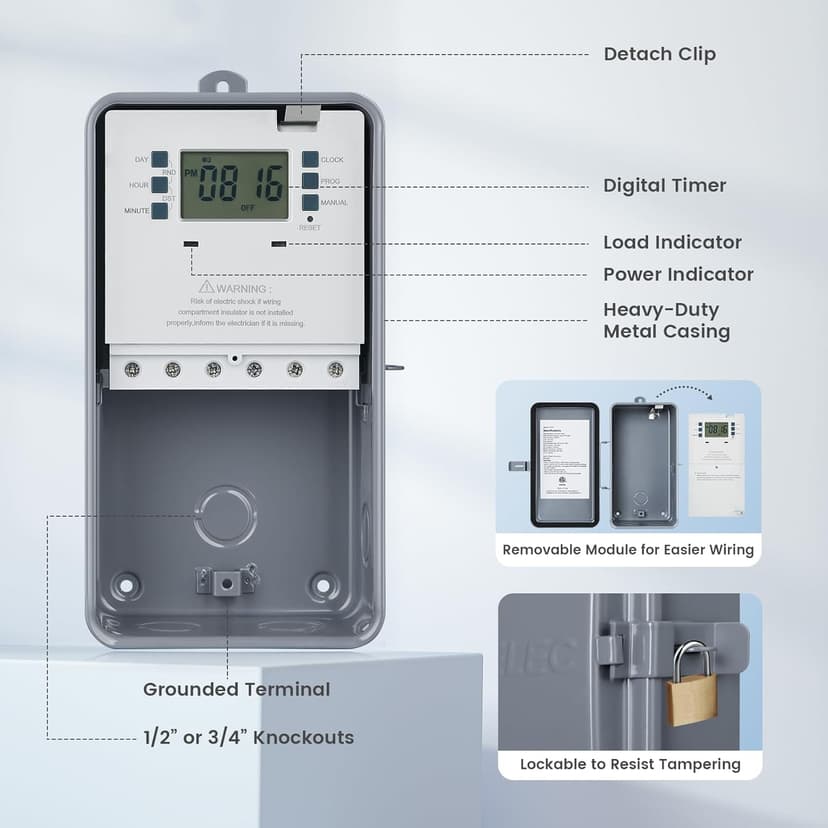 Suraielec Pool Timer, 7-Day 24-Hour Digital Pool Pump Timer, 40 AMP Heavy Duty, 120/240/277 VAC, Outdoor Metal Casing, Electric Switch Box for Swimming Pump, Hot Water Heater, Spa, Lights