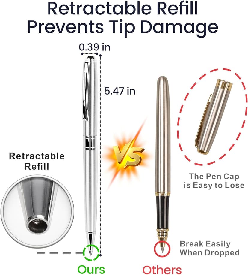 Cambond Ballpoint Pens Bulk Pens - Sliver Metal Pen Nice Luxury Pens for Men Business Office Police Comfortable Writing Twist Retractable 1.0 mm Medium Point Nice Pen, 5 Pack (Silver)