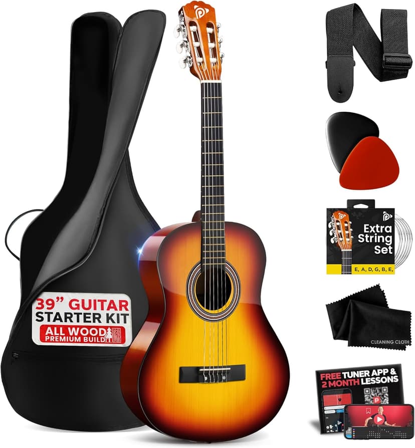 Pyle Beginner Acoustic Guitar Kit, 4/4 Full Size All Wood Instrument with Full Accessory Kit, Picks, Shoulder Strap, Carry Case, Cleaning Cloth, Tuner App, 2 Month Lessons, 39”