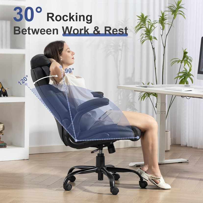 Brage Living 400LBS Big and Tall Office Chair, Heavy Duty Leather Executive Desk Chair with Padded Flip-up Arms, Swivel Rolling Computer Chair for Home Office, Black