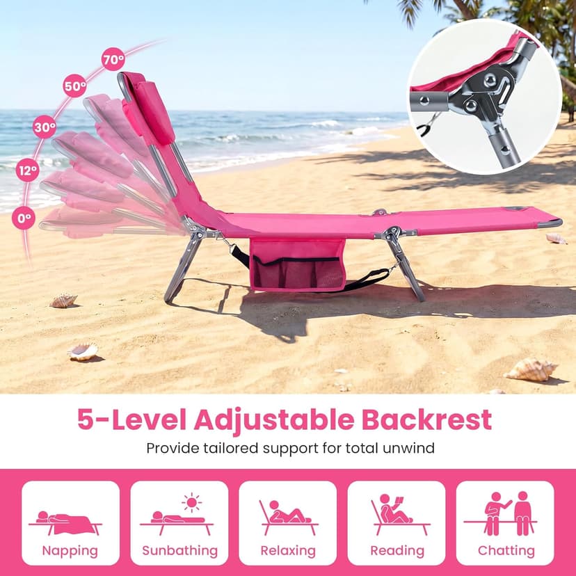 Goplus Tanning Chair, Portable Lightweight 10.5LBS Beach Lounger with Face Arm Holes, Adjustable 5-Position, 330LBS Capacity, Side Pocket, Removable Cushions, Portable Sunbathing Chair for Pool