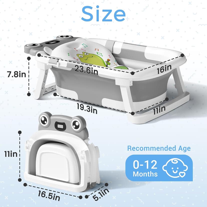BUNWAG Baby Bathtub, Collapsible Newborn Bathtub for Infant to Toddler with Soft Cushion and Thermometer,Portable Travel Newborn Tub with No-Slip Feet, Baby Shower Gifts, 0-12 Months Baby Bath, Grey B0CTJXJL4T